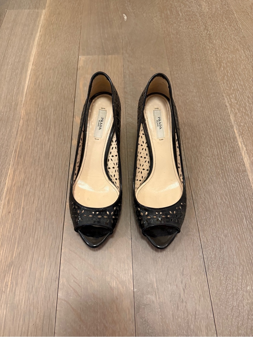Prada Black Laser-Cut Peep-Toe Heels
